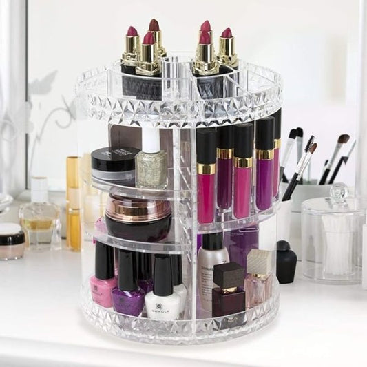 360° Rotating Crystal Makeup Organizer Adjustable Cosmetic Display Stand Box, Makeup Storage box for Vanity Bedroom & Bathroom