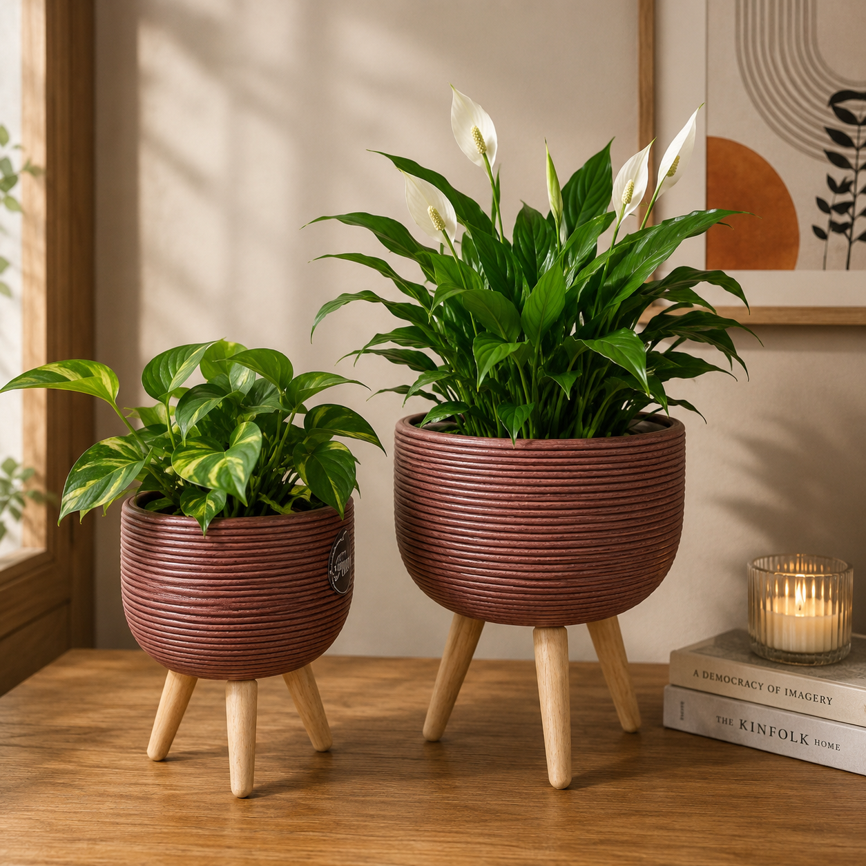 Wooden Leg Ribbed Plant Pot (Pack of 2)