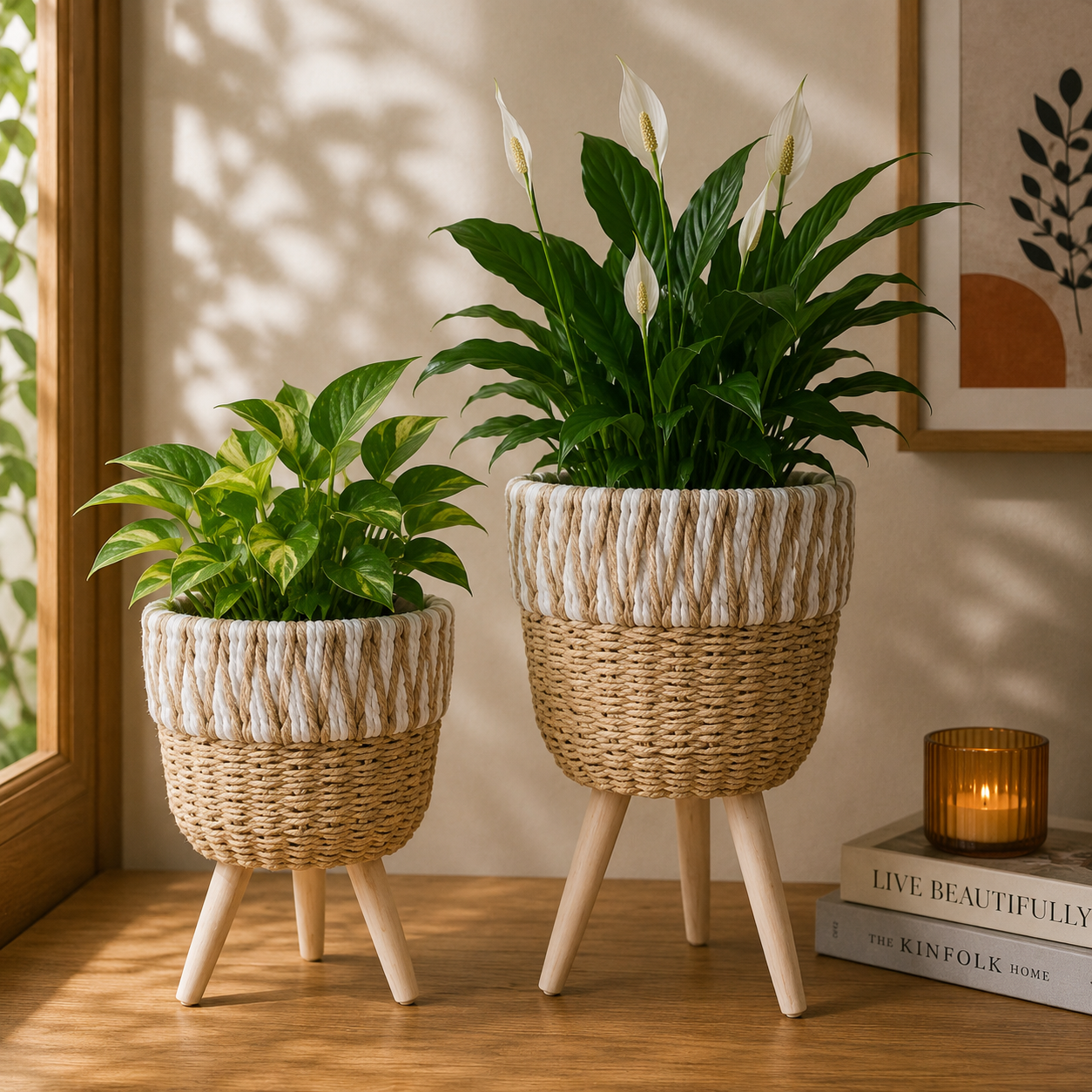 Woven Rope Plant Pot with Wooden Legs (Pack of 2)