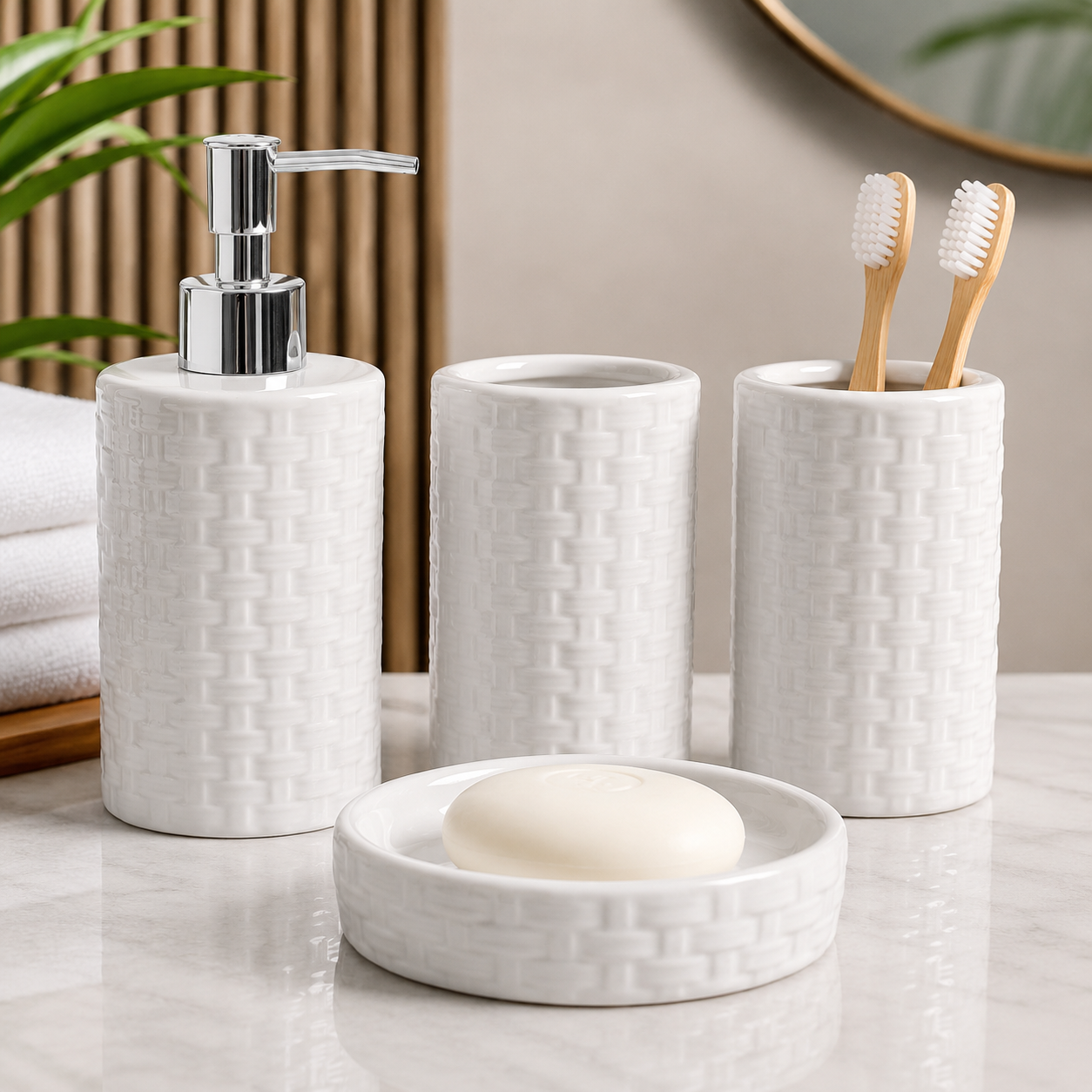 White Ceramic Bathroom Accessories Set (4-Piece)