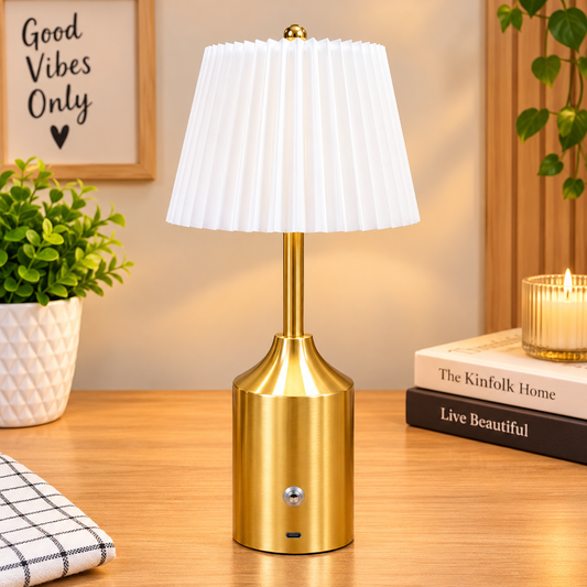 Rechargeable Brass Table Lamp with Pleated Shade