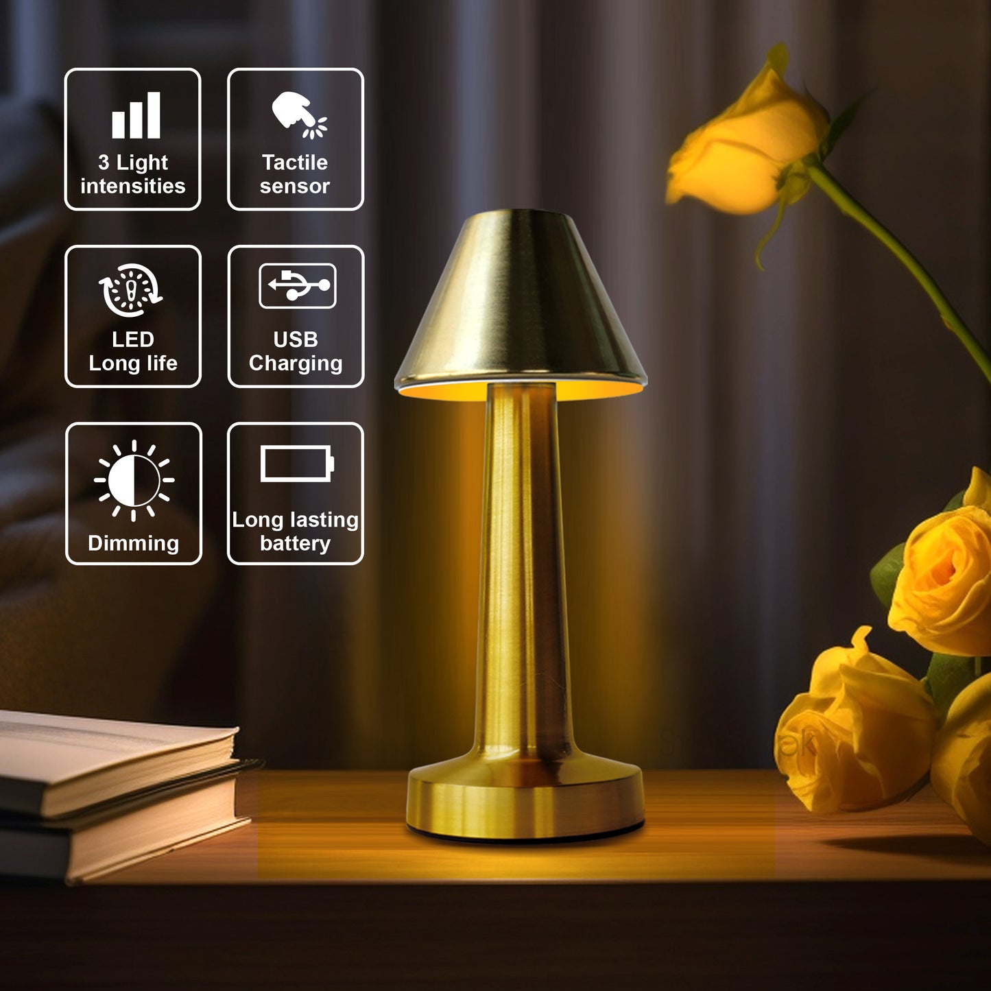 Truncated Cone Shape Retro Style Minimalist Touch Sense Lamp - Rechargeable Cordless Compact USB LED Table Lamp for Modern Decor and Perfect Ambience