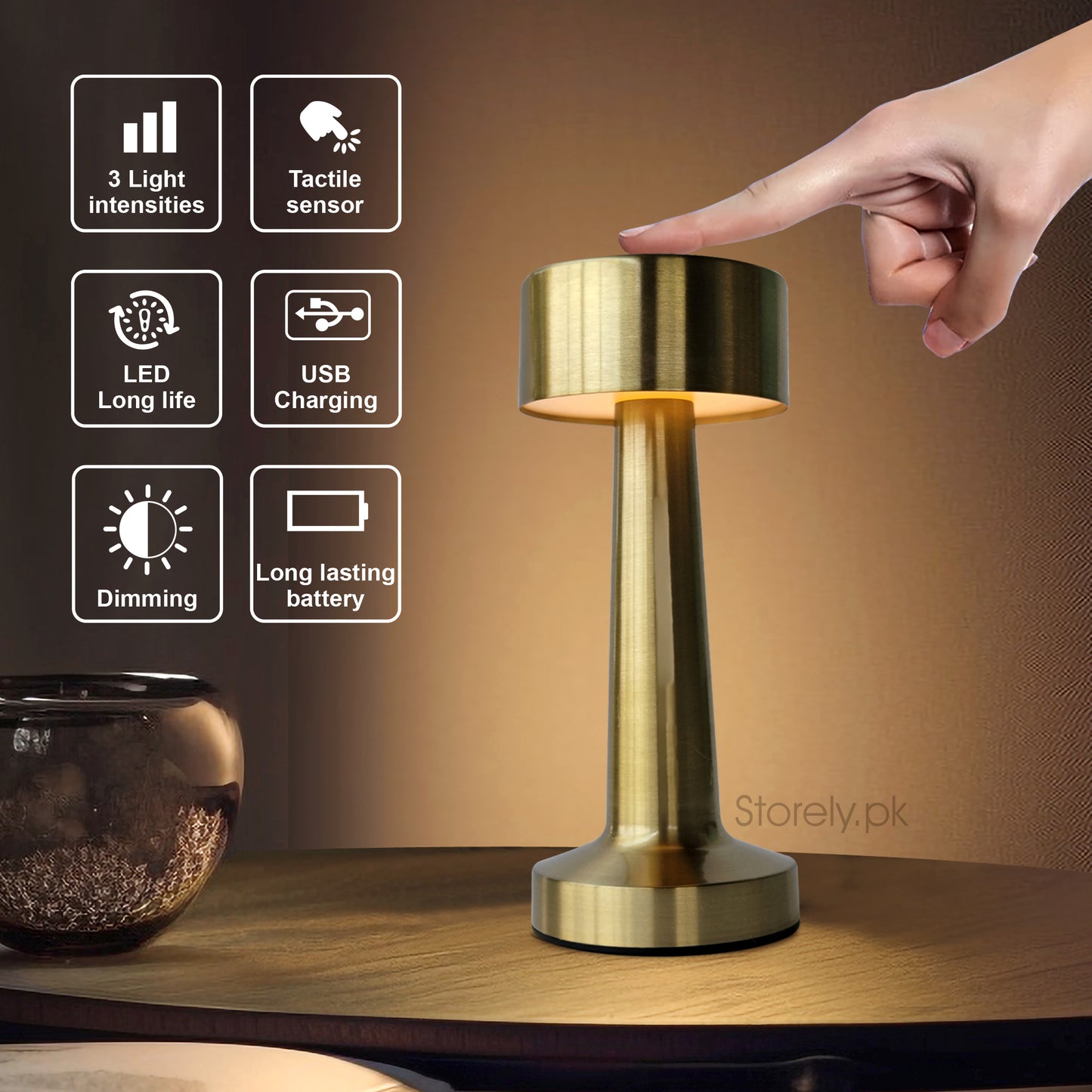 Dumbbell Shape Retro Style Rechargeable Metal Touch Lamp - USB Charge LED Light for Modern Spaces and Restaurants