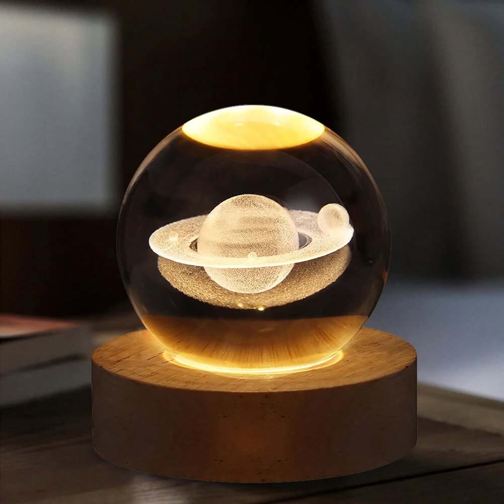 3D Crystal Galaxy Ball Night Lamp with Wooden Base (6cm) - Solar System - Moon - Earth - Heart Cloud - Crescent -Moon Walk