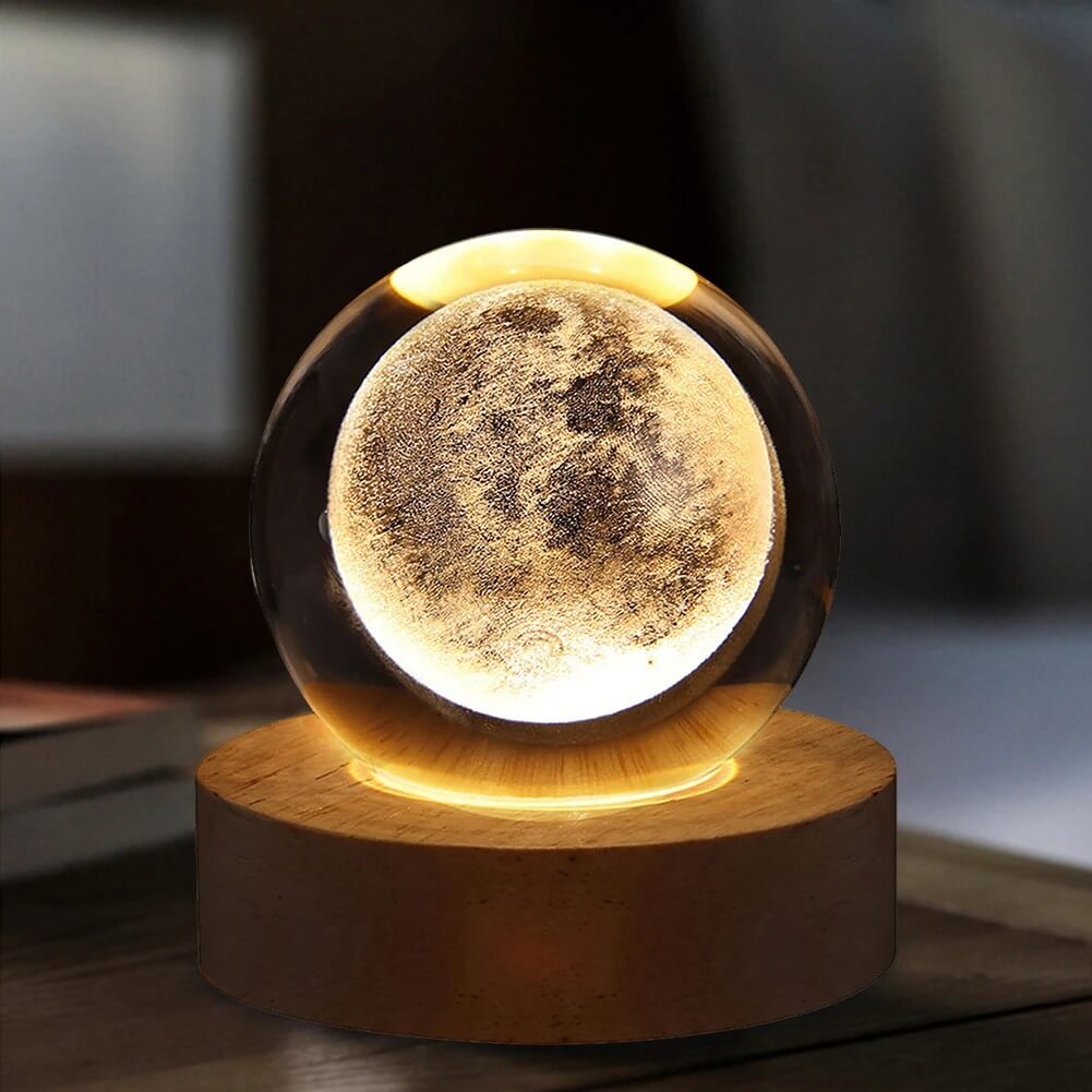 3D Crystal Galaxy Ball Night Lamp with Wooden Base (6cm) - Solar System - Moon - Earth - Heart Cloud - Crescent -Moon Walk