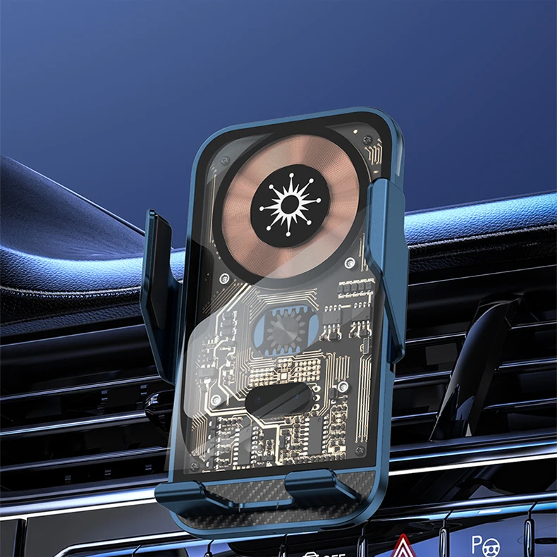 Smart Wireless Car Charger with Auto-Clamp – 15W Fast Charging Mount with Type-C Cable and Suction Cup Holder – Transparent Circuit Board Design
