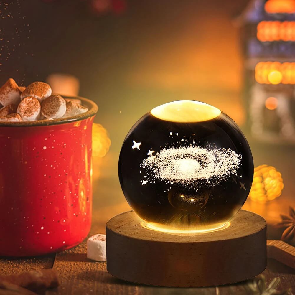 3D Crystal Galaxy Ball Night Lamp with Wooden Base (6cm) - Solar System - Moon - Earth - Heart Cloud - Crescent -Moon Walk