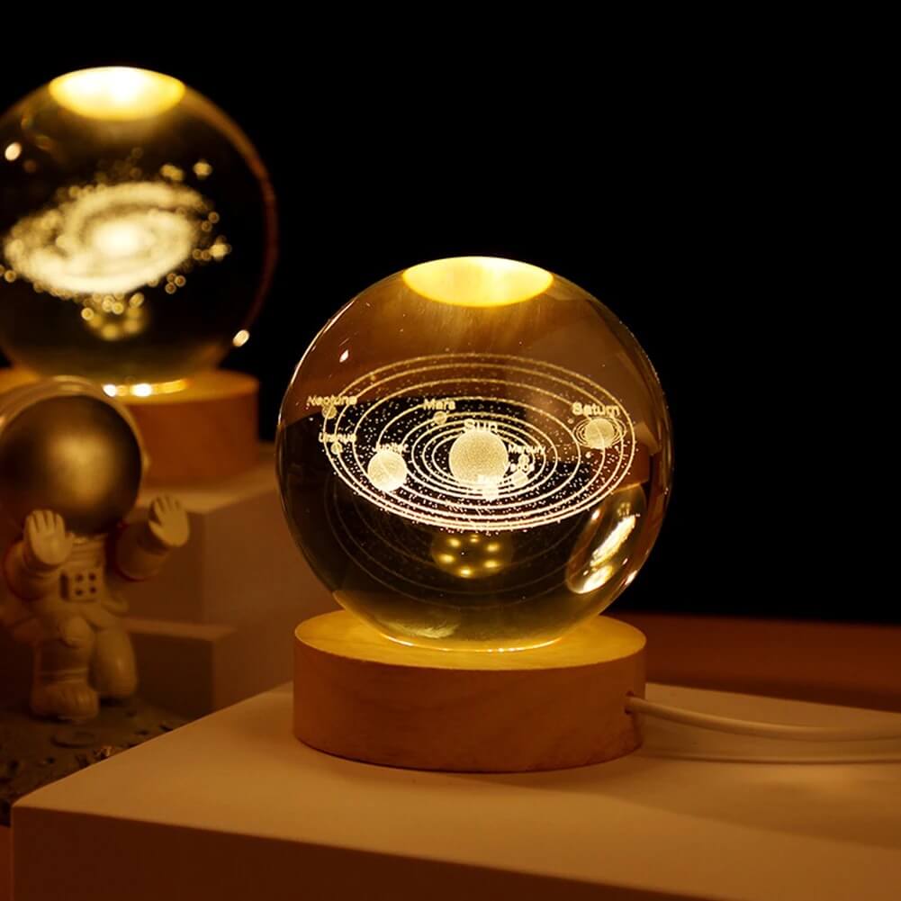 3D Crystal Galaxy Ball Night Lamp with Wooden Base (6cm) - Solar System - Moon - Earth - Heart Cloud - Crescent -Moon Walk