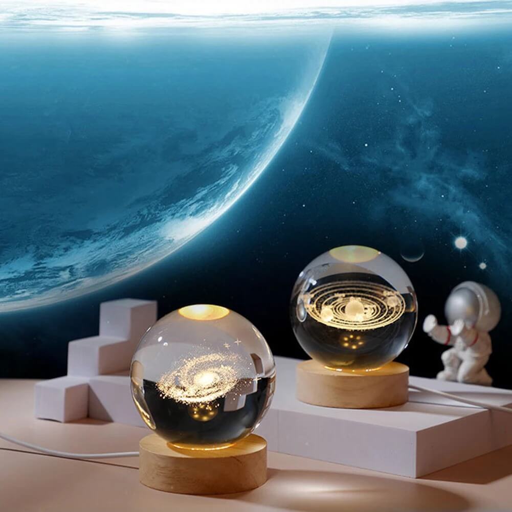 3D Crystal Galaxy Ball Night Lamp with Wooden Base (6cm) - Solar System - Moon - Earth - Heart Cloud - Crescent -Moon Walk