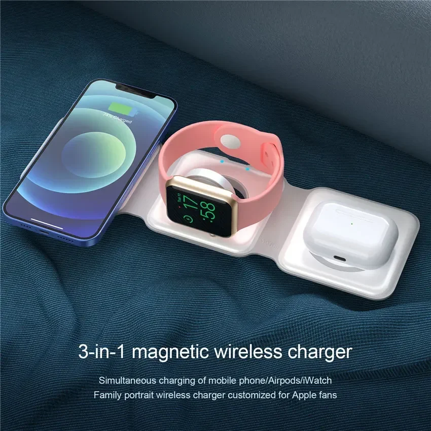 3-in-1 Foldable Wireless Charging Pad – Fast Charger for iPhone, Apple Watch, and EarPods – Portable Travel Charging Station