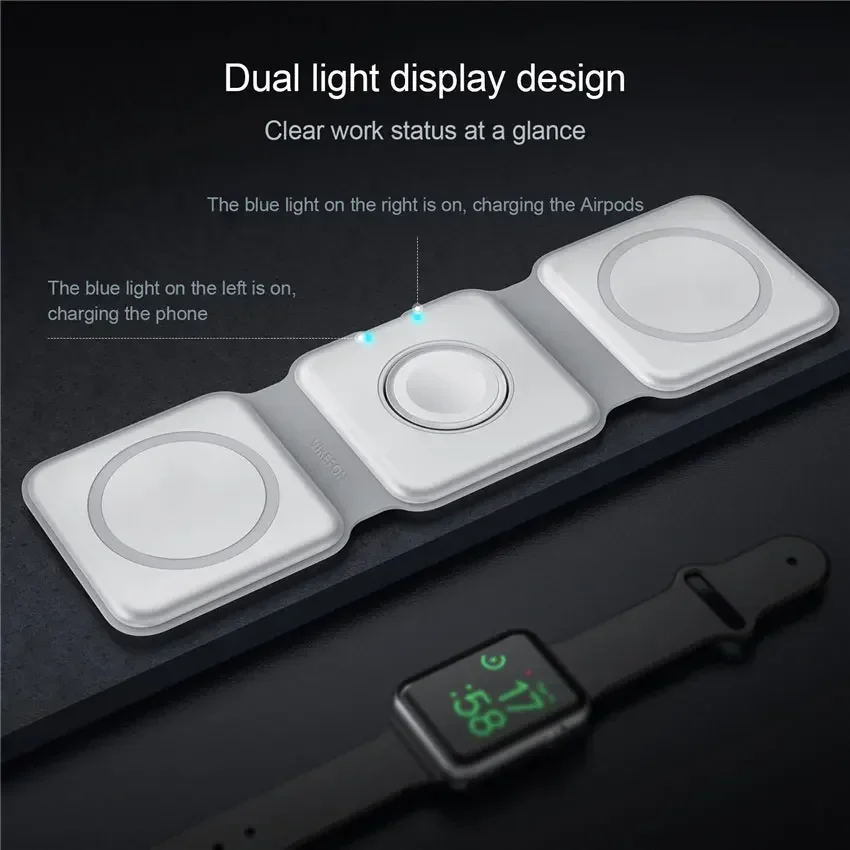 3-in-1 Foldable Wireless Charging Pad – Fast Charger for iPhone, Apple Watch, and EarPods – Portable Travel Charging Station