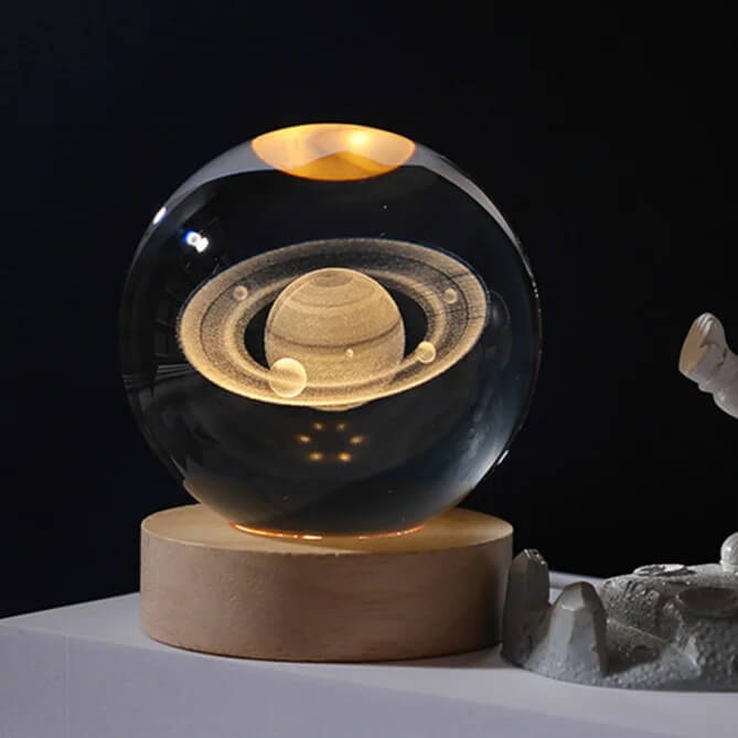 3D Crystal Galaxy Ball Night Lamp with Wooden Base (6cm) - Solar System - Moon - Earth - Heart Cloud - Crescent -Moon Walk
