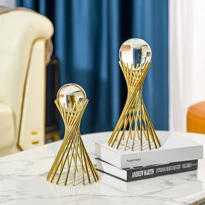 Pack of 2 Crystal Ball with Golden Spiral Stand – Modern Decorative Showpiece