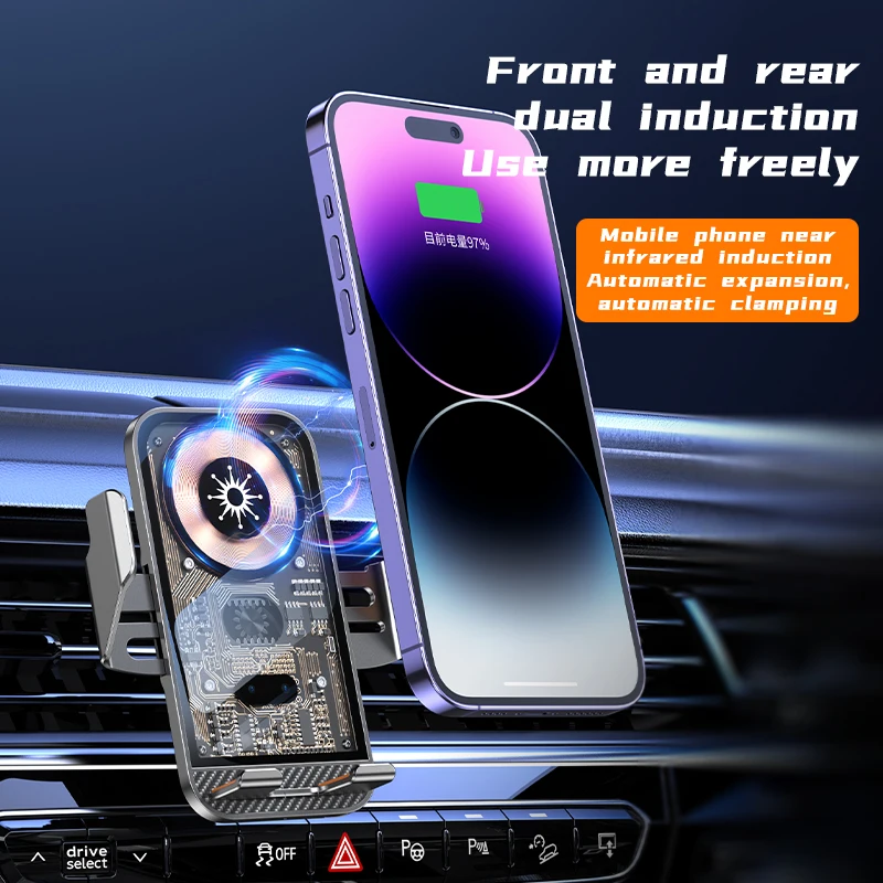 Smart Wireless Car Charger with Auto-Clamp – 15W Fast Charging Mount with Type-C Cable and Suction Cup Holder – Transparent Circuit Board Design