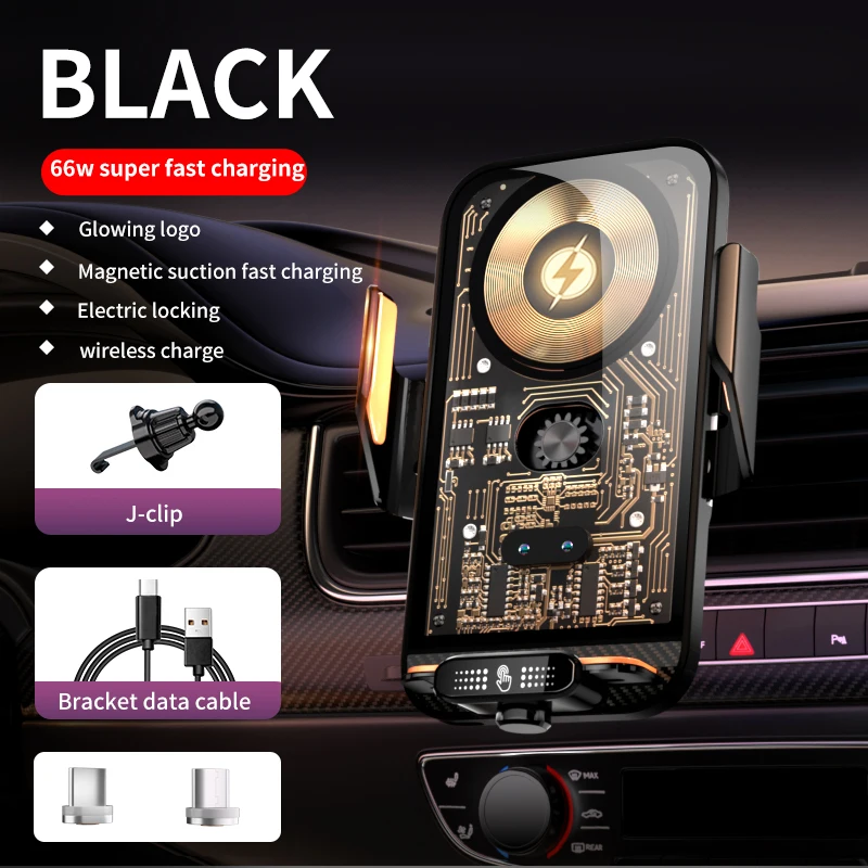 Smart Wireless Car Charger with Auto-Clamp – 15W Fast Charging Mount with Type-C Cable and Suction Cup Holder – Transparent Circuit Board Design