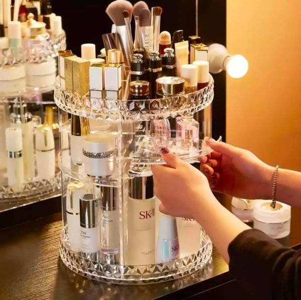 360° Rotating Crystal Makeup Organizer Adjustable Cosmetic Display Stand Box, Makeup Storage box for Vanity Bedroom & Bathroom