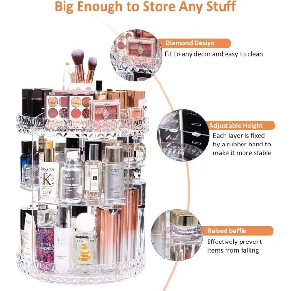 360° Rotating Crystal Makeup Organizer Adjustable Cosmetic Display Stand Box, Makeup Storage box for Vanity Bedroom & Bathroom