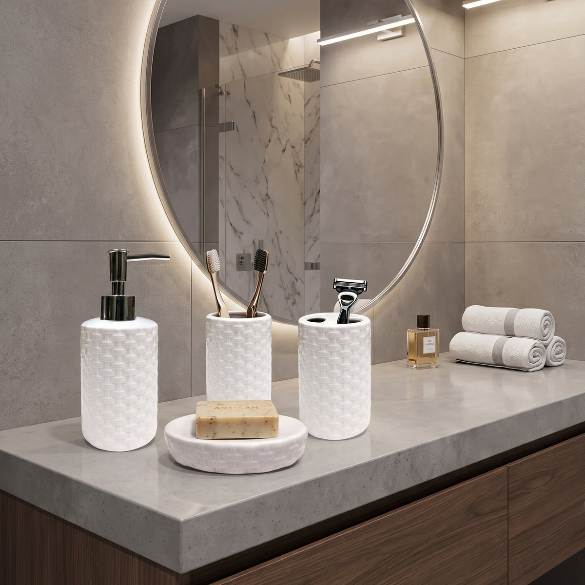 White Ceramic Bathroom Accessories Set (4-Piece)