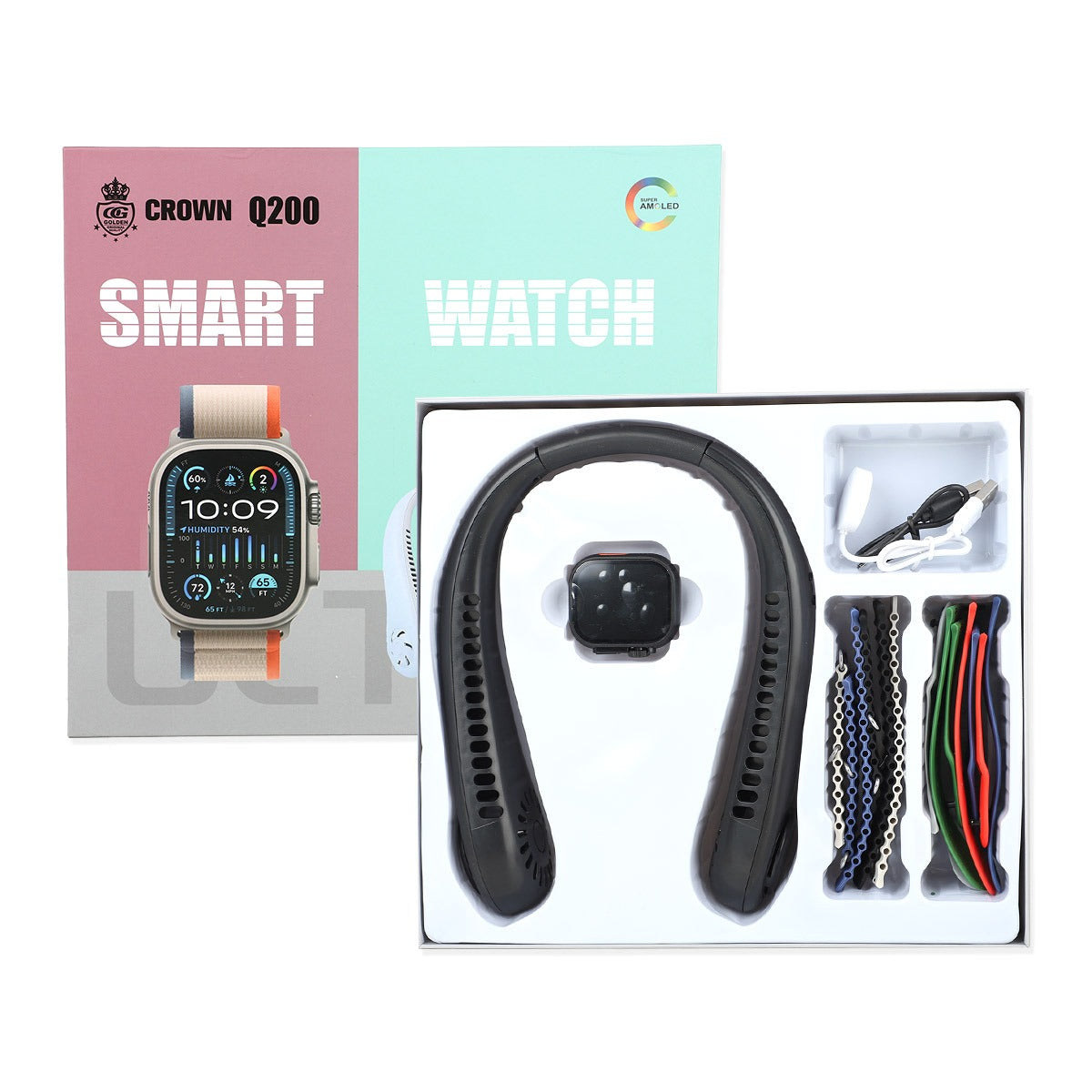 Crown Q200 Smart Watch + Bladeless Neck Fan Combo