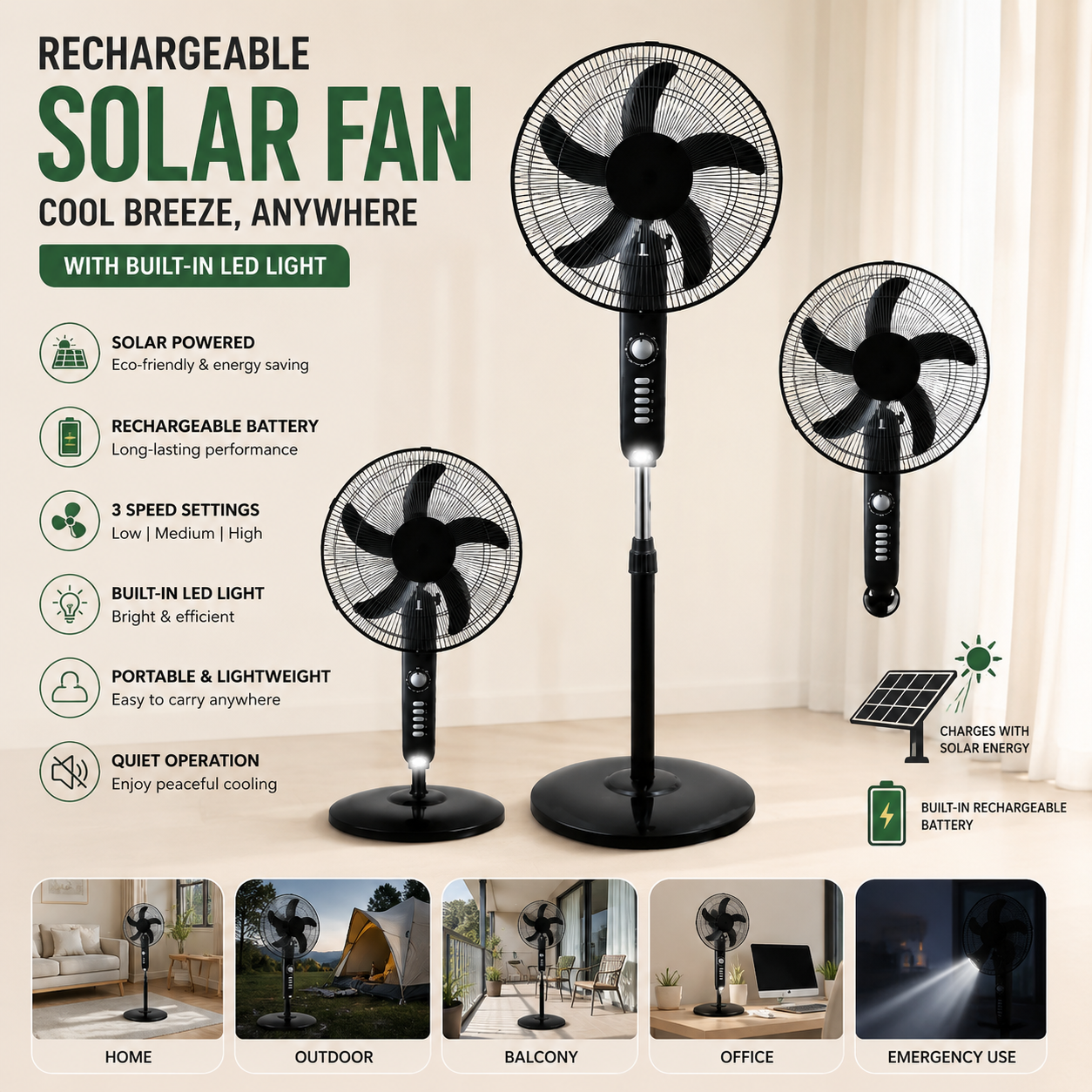 Solar Rechargeable Multi-Purpose Fan with Remote & Buttons Control (Solor Plate Included)