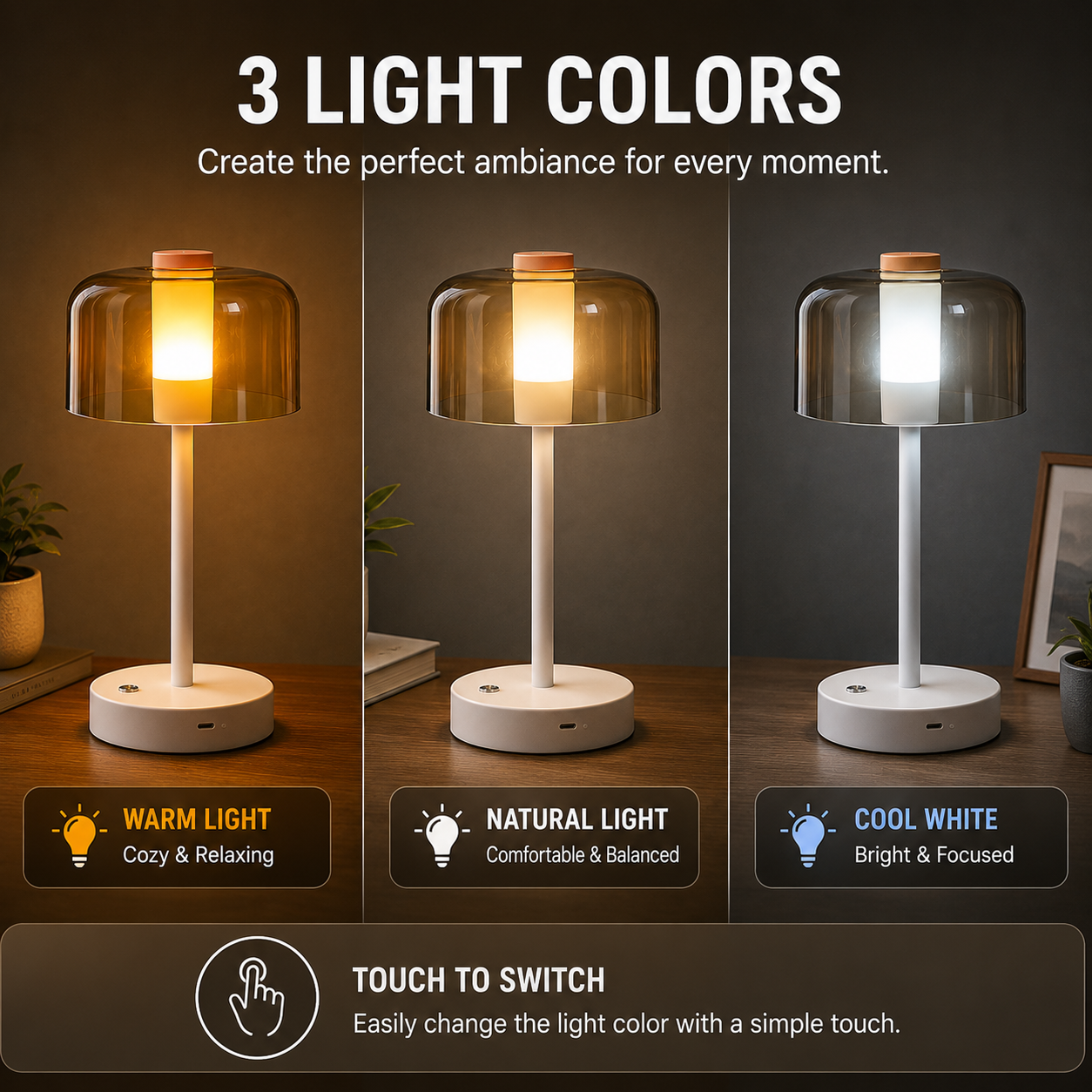 Halo Nordic Style Minimalist LED Table Lamp  Rechargeable  Touch Control Warm Ambient Light