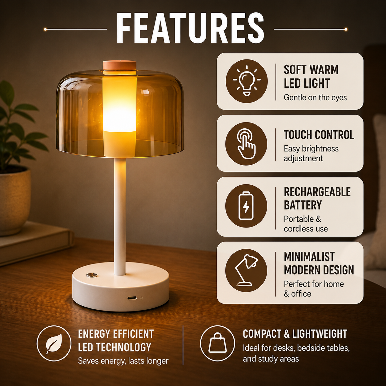 Halo Nordic Style Minimalist LED Table Lamp  Rechargeable  Touch Control Warm Ambient Light