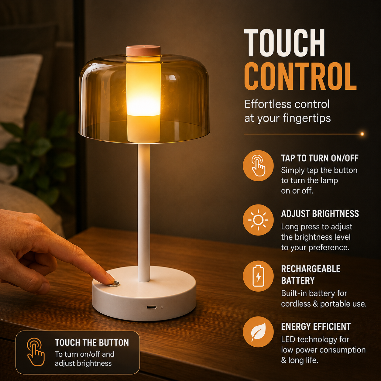 Halo Nordic Style Minimalist LED Table Lamp  Rechargeable  Touch Control Warm Ambient Light