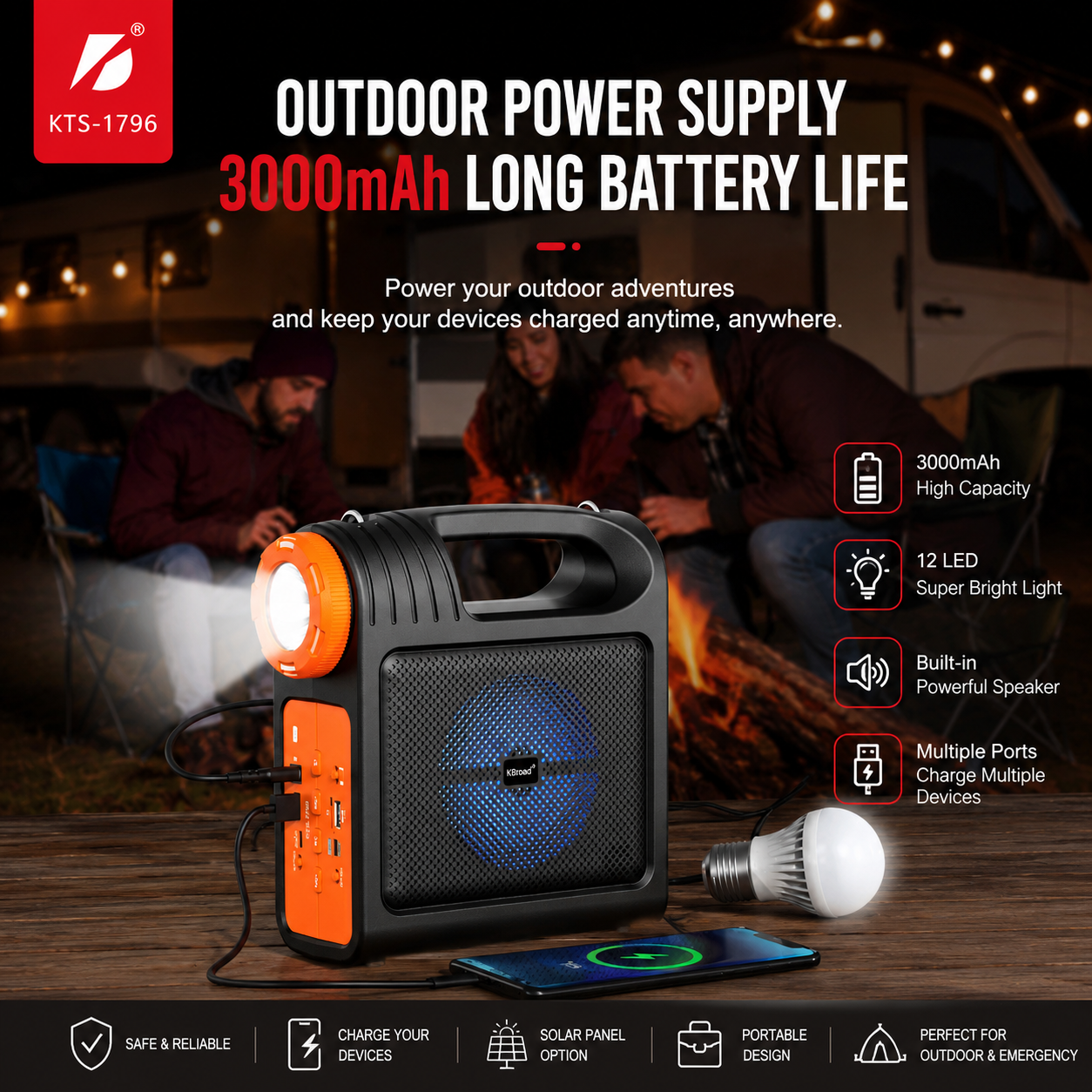 KTS-1796 Portable Camping Power Station with LED Lantern & Bluetooth Speaker