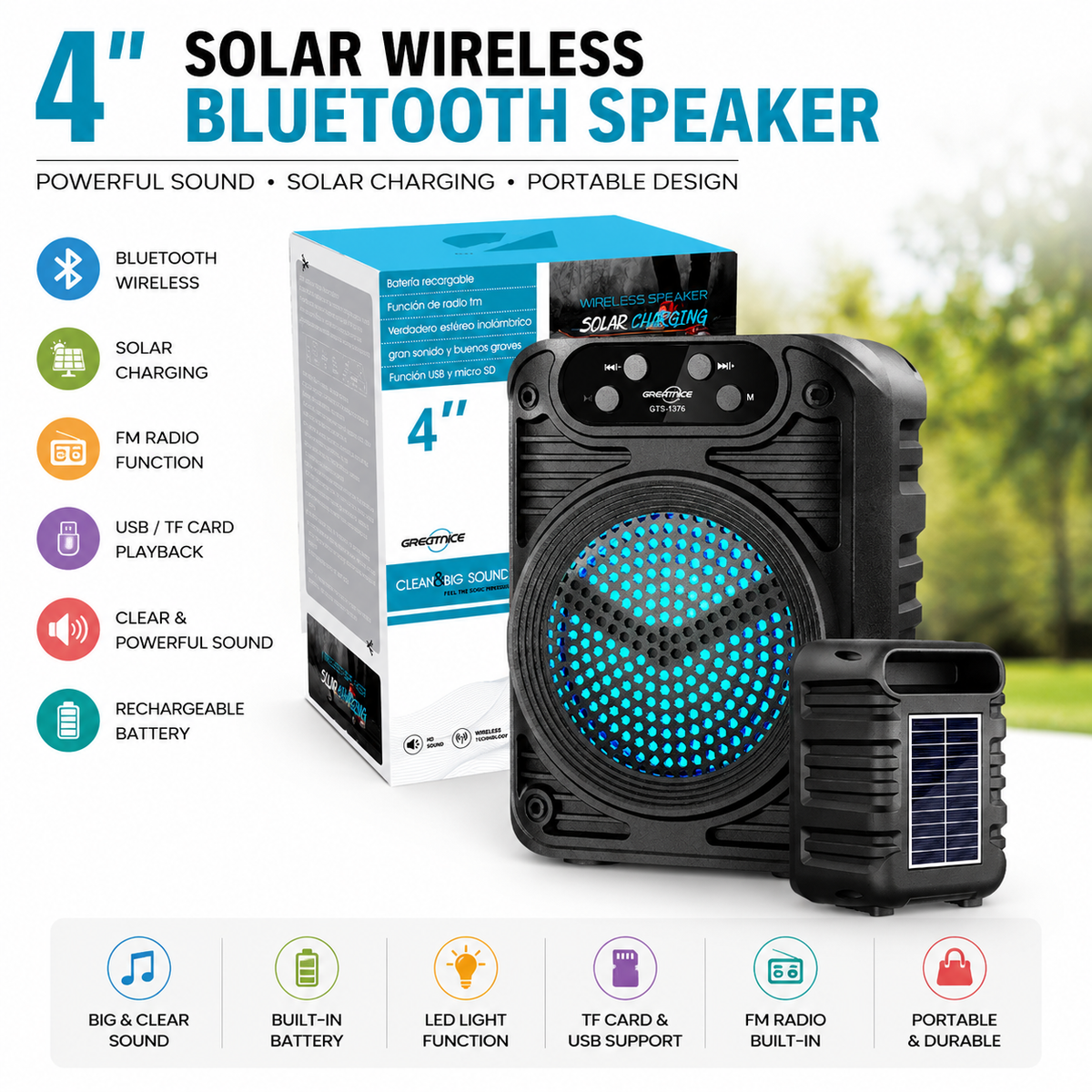 GTS-1378 Portable Bluetooth Speaker with Solar Panel, RGB Flashlight, and FM Radio
