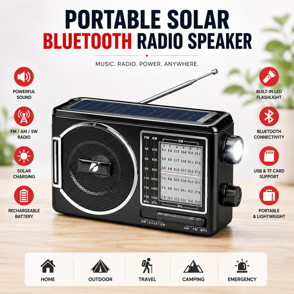 Portable FM/Bluetooth Radio with USB & TF Music Player (Model KTF-1646)