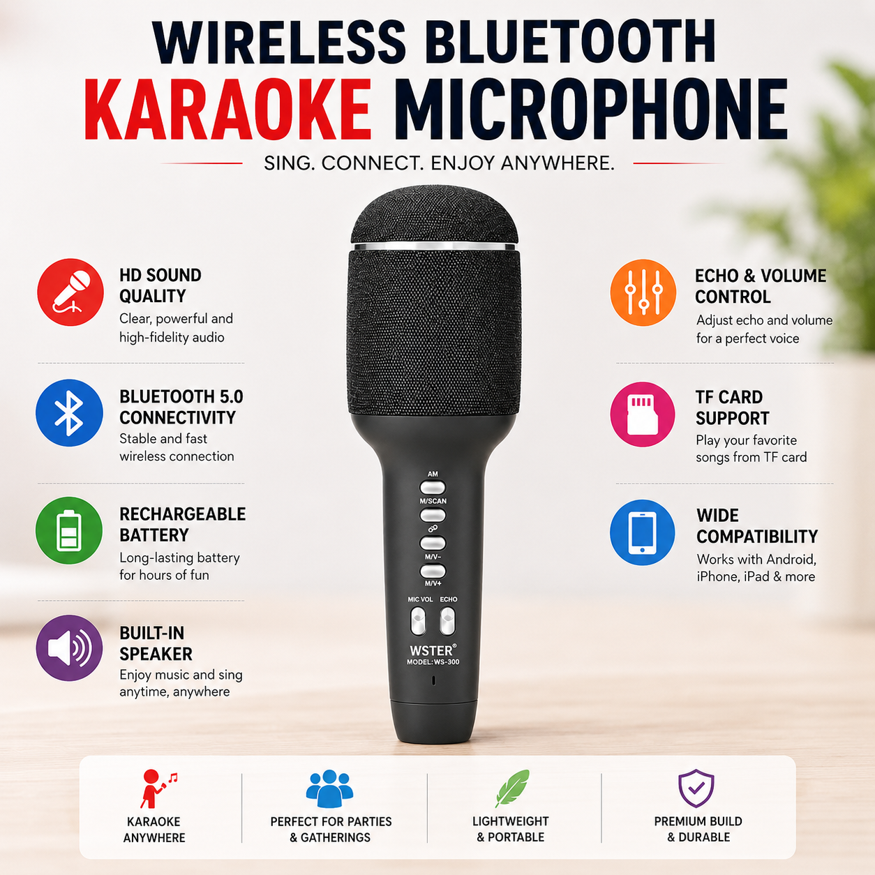 WSTER WS-900 Wireless Bluetooth Karaoke Microphone