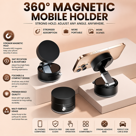 Magnetic Suction Phone Holder Stand – 360° Adjustable Foldable Mount for Desk & Travel