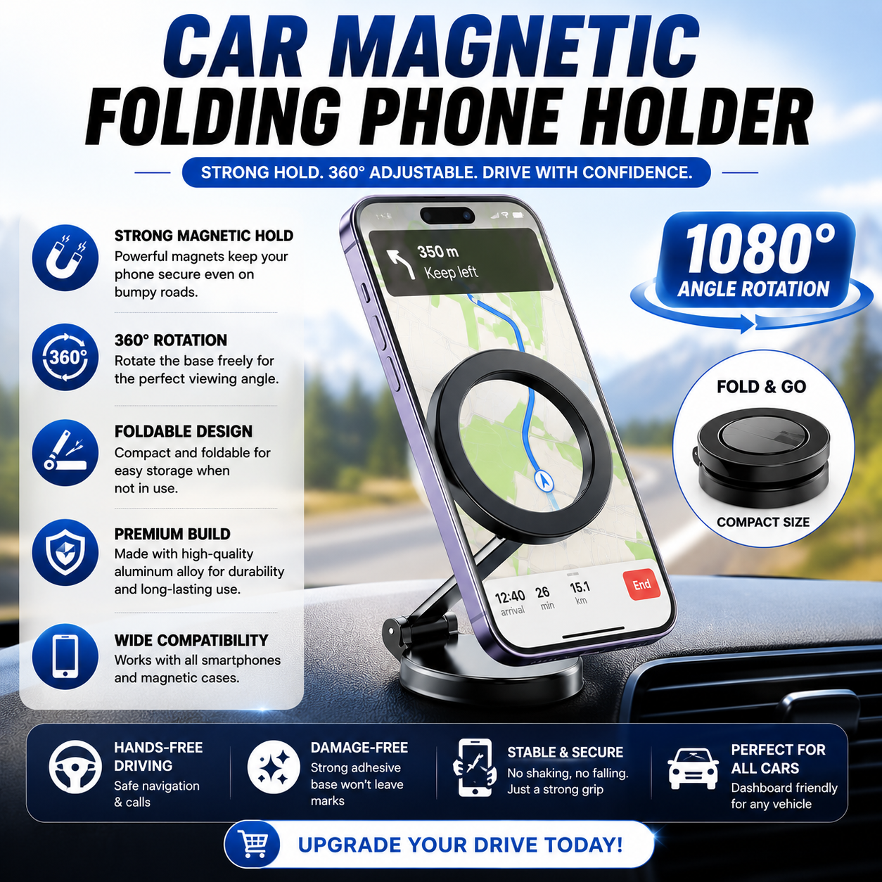 Car Magnetic Folding Phone Holder – 1080° Rotation Dashboard Mount