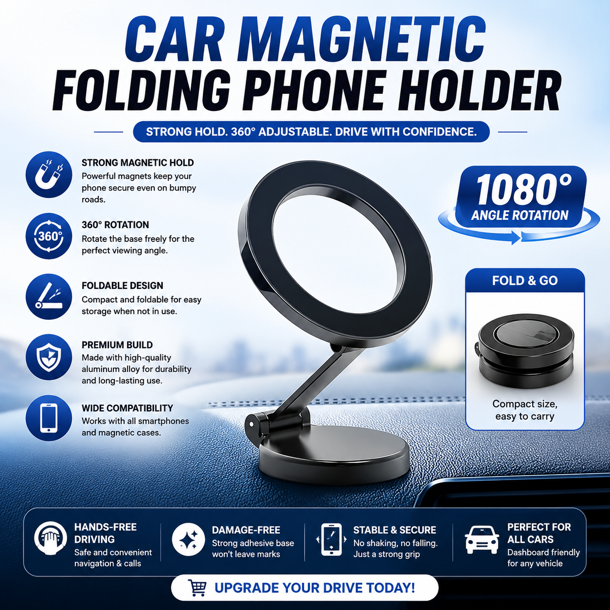 Car Magnetic Folding Phone Holder – 1080° Rotation Dashboard Mount