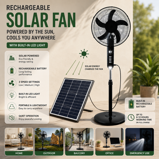 Solar Rechargeable Multi-Purpose Fan with Remote & Buttons Control (Solor Plate Included)