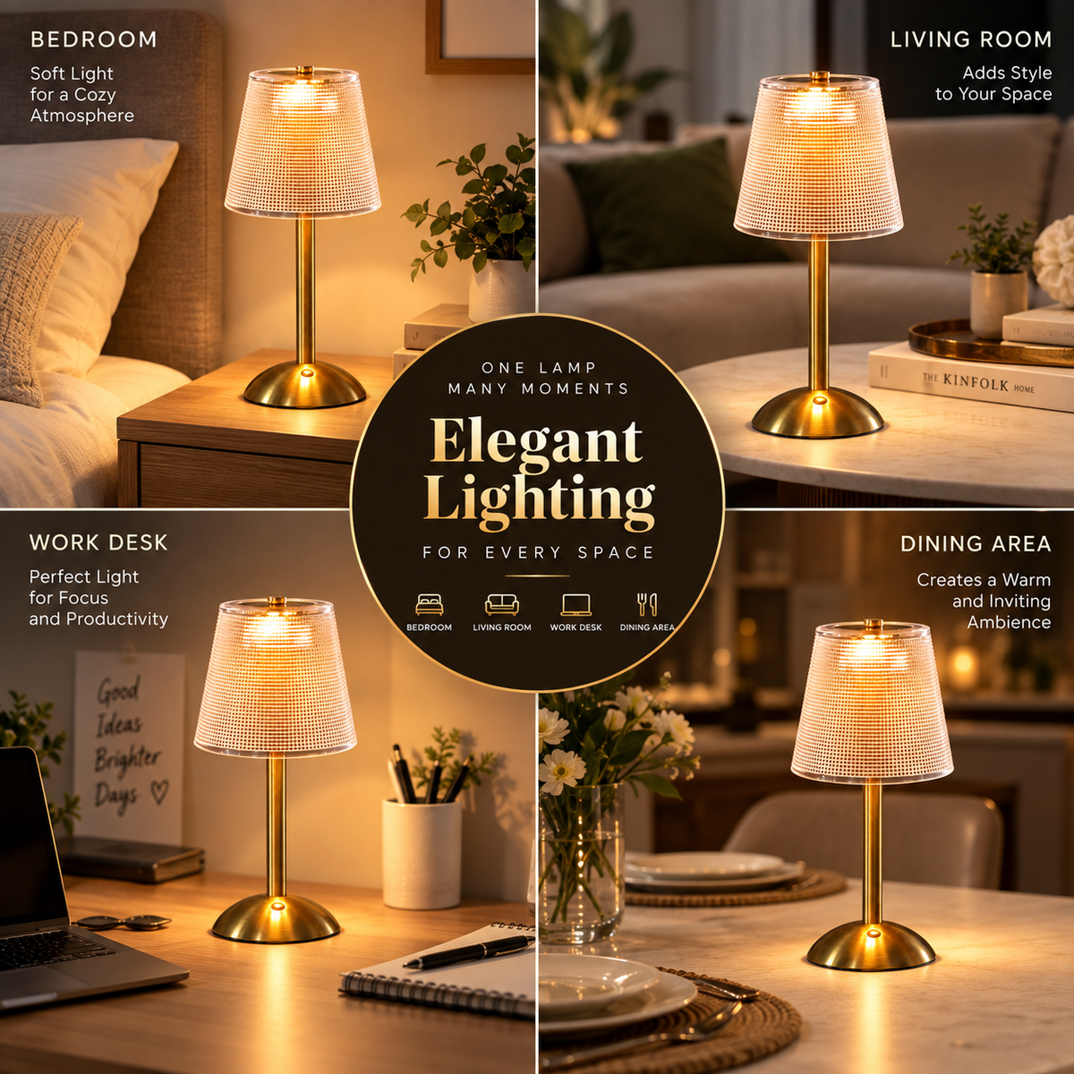 Modern Gold Base & Textured Acrylic Shade - Best for Bedroom, Living Room & Gifting
