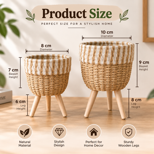 Woven Rope Plant Pot with Wooden Legs (Pack of 2)