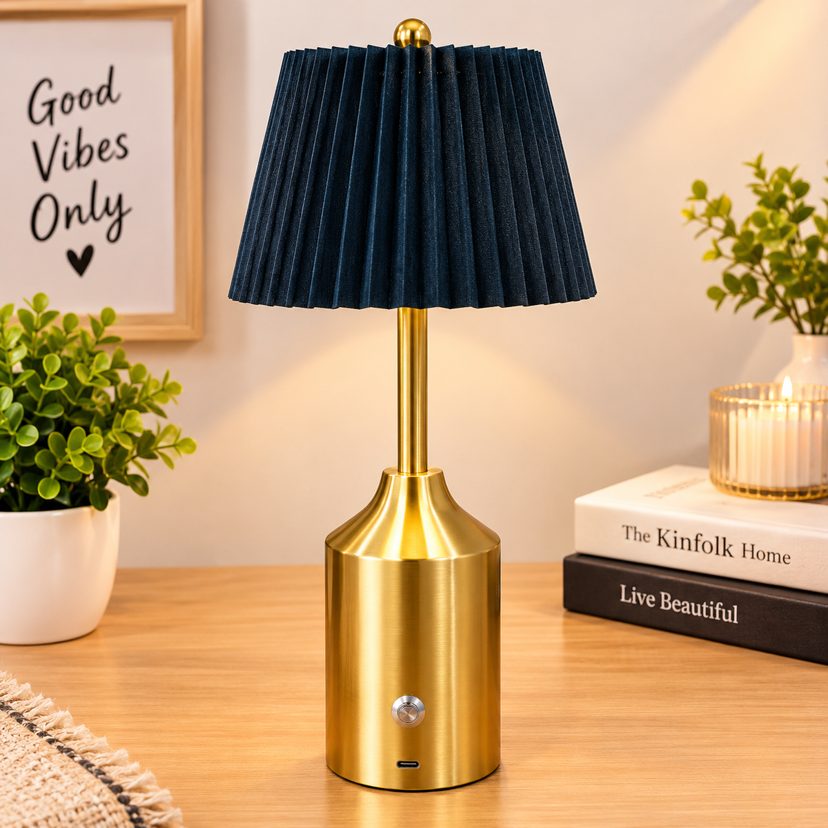Rechargeable Brass Table Lamp with Pleated Shade