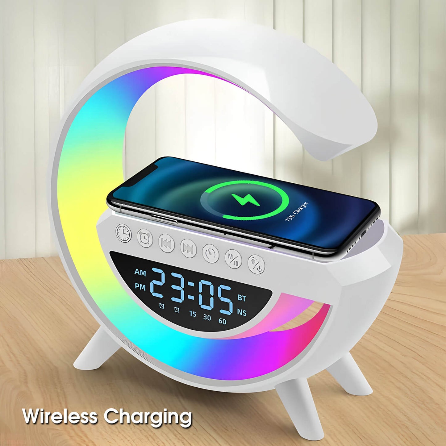 BT-3401 LED Light Bluetooth Speaker and Wireless Mobile Charging Dock (15 Watt) with Digital Alarm Clock (Large Size)