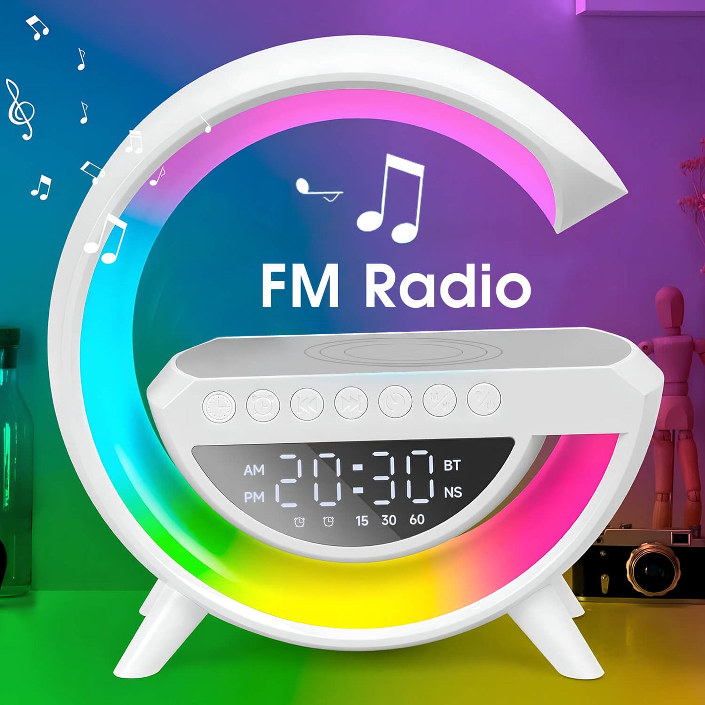 BT-3401 LED Light Bluetooth Speaker and Wireless Mobile Charging Dock (15 Watt) with Digital Alarm Clock (Large Size)