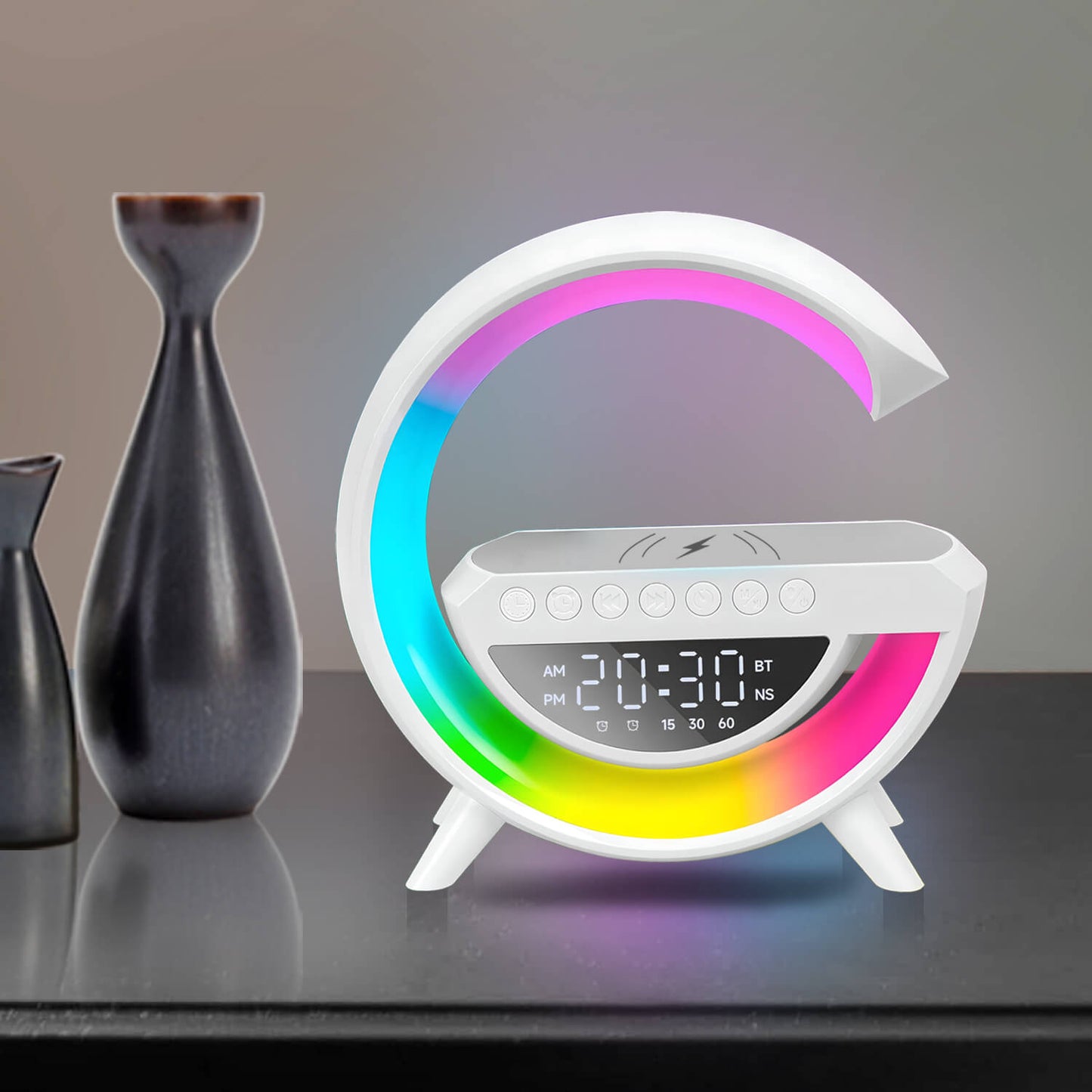 BT-3401 LED Light Bluetooth Speaker and Wireless Mobile Charging Dock (15 Watt) with Digital Alarm Clock (Large Size)