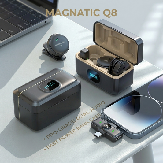 Magnatic Q8 High Quality Dual Wireless Lavalier Microphone with Power Bank Charging Case