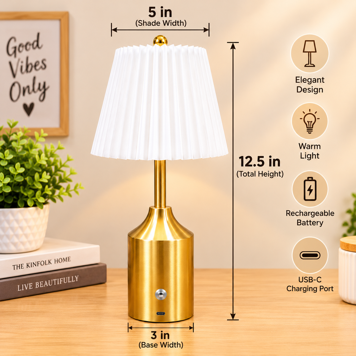 Rechargeable Brass Table Lamp with Pleated Shade