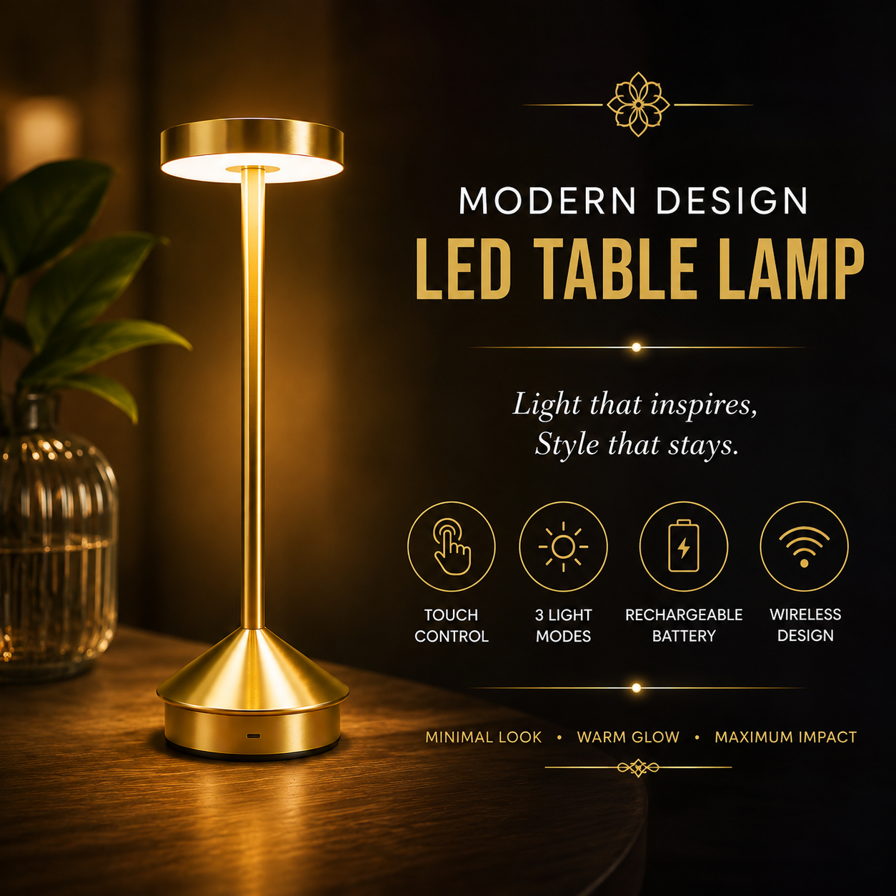 Nimbus Longneck Minimal Design LED Touch Table Lamp – Rechargeable Ambient Light
