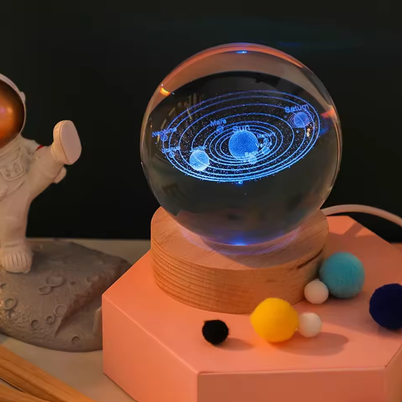 3D Crystal Galaxy Ball Night Lamp with Wooden Base (6cm) - Solar System - Moon - Earth - Heart Cloud - Crescent -Moon Walk