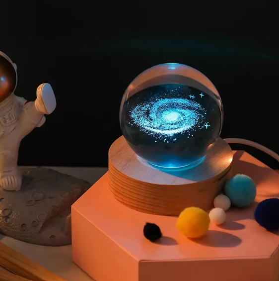 3D Crystal Galaxy Ball Night Lamp with Wooden Base (6cm) - Solar System - Moon - Earth - Heart Cloud - Crescent -Moon Walk