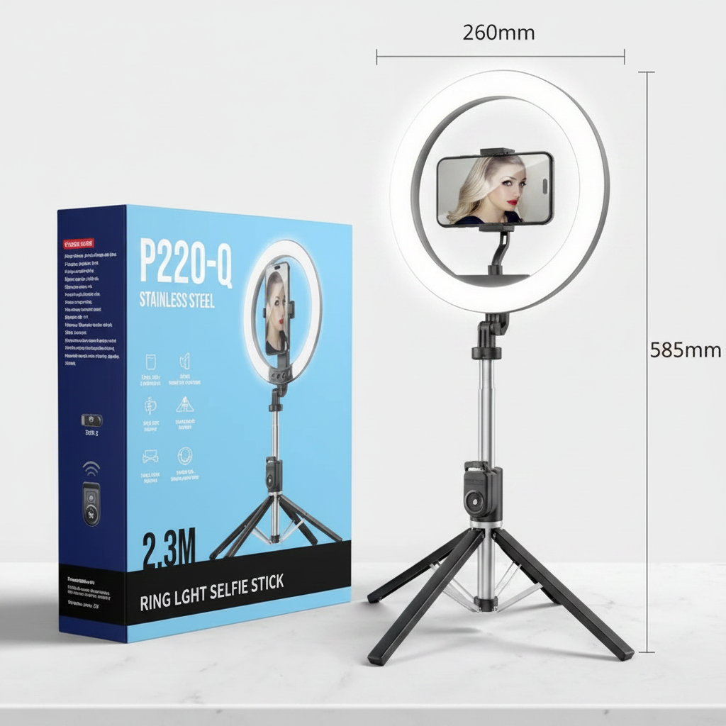 A stainless steel ring selfie stick with a built-in phone mount and tripod base, shown next to its retail box. The product is labeled with dimensions 260mm in width and 585mm in height, and the box is labeled P220-Q Stainless Steel 2.