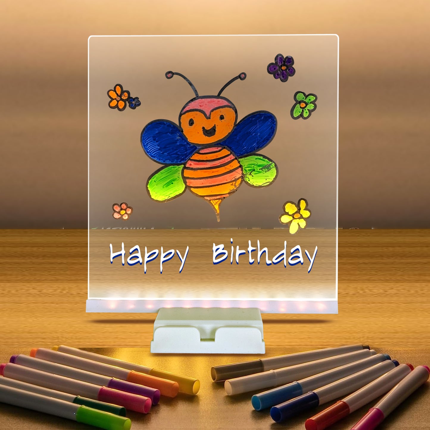 LED Light-Up Writing Board with Markers – Colorful DIY Acrylic Writing Pad with Stand & Erasable Pens for Kids