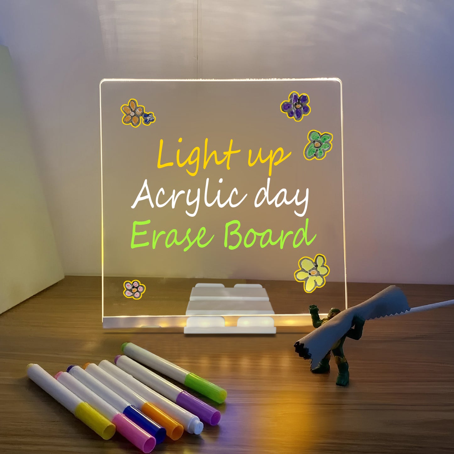 LED Light-Up Writing Board with Markers – Colorful DIY Acrylic Writing Pad with Stand & Erasable Pens for Kids