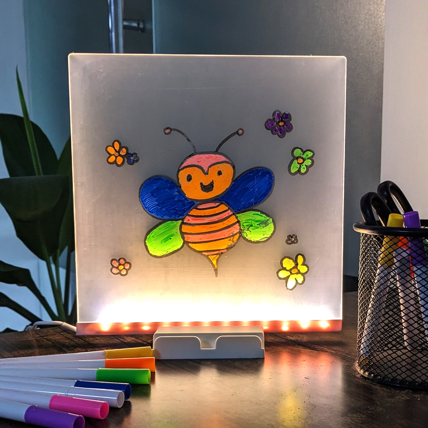 LED Light-Up Writing Board with Markers – Colorful DIY Acrylic Writing Pad with Stand & Erasable Pens for Kids